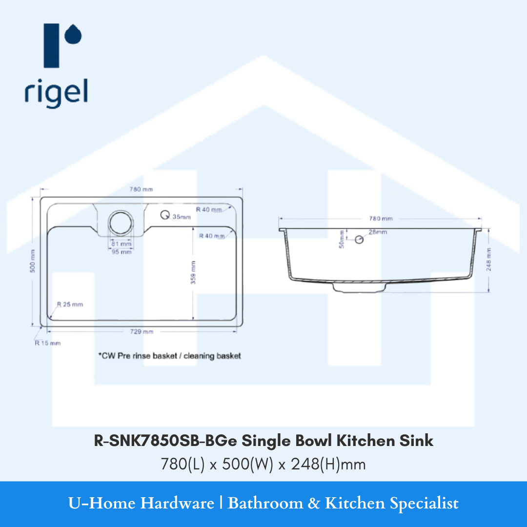 Technical drawing of a Rigel single bowl kitchen sink with dimensions on a light blue background.