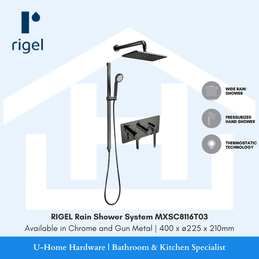 Side angle view of the RIGEL MXSC8116T03 shower mixer and diverter, highlighting the slim profile and the premium textured Gun Metal architectural finish.