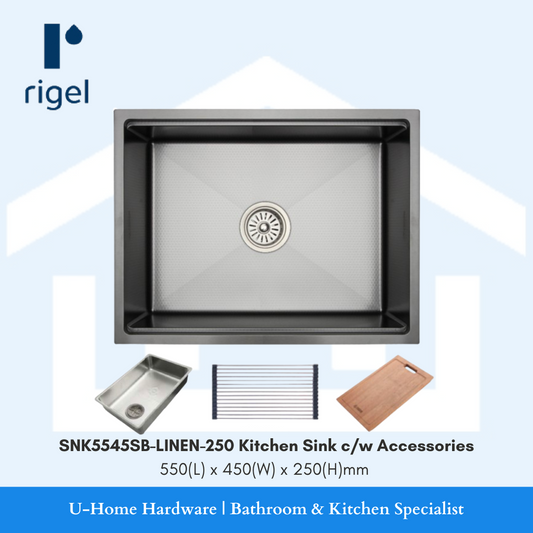 Stainless steel kitchen sink with accessories on a light blue background, featuring the Rigel brand.