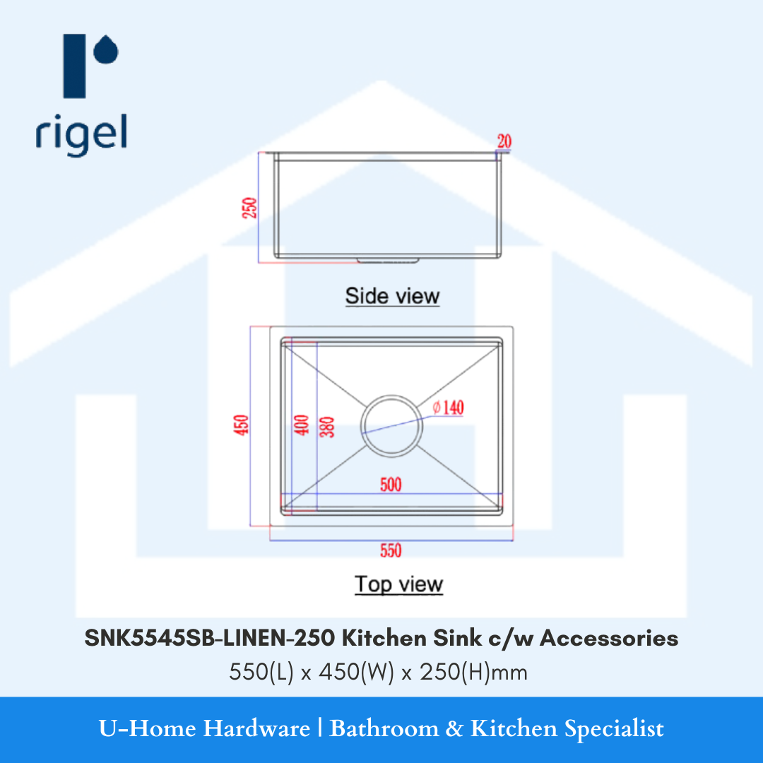 Technical drawing of a kitchen sink with dimensions labeled, featuring the Rigel brand.