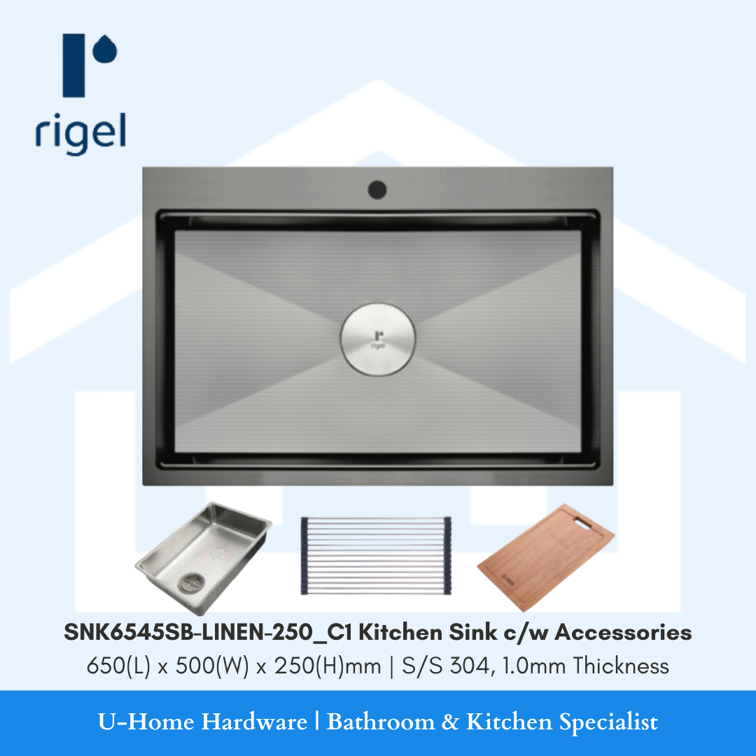 Stainless steel kitchen sink with accessories on a light blue background, featuring the Rigel brand.
