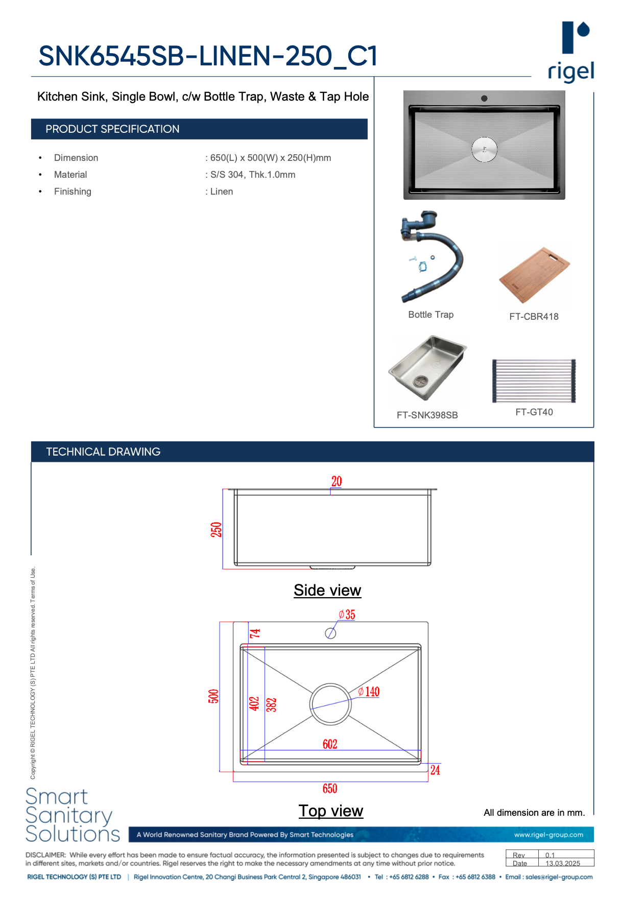 Rigel kitchen sink product specification sheet with technical details and images.
