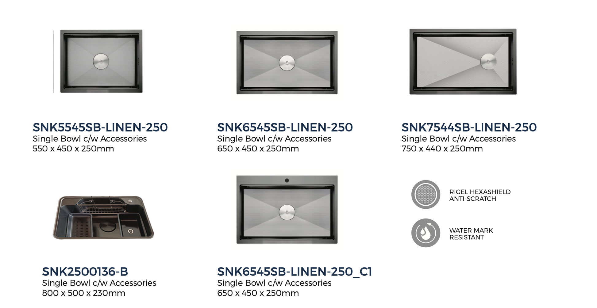 Collection of stainless steel kitchen sinks with model numbers on a white background