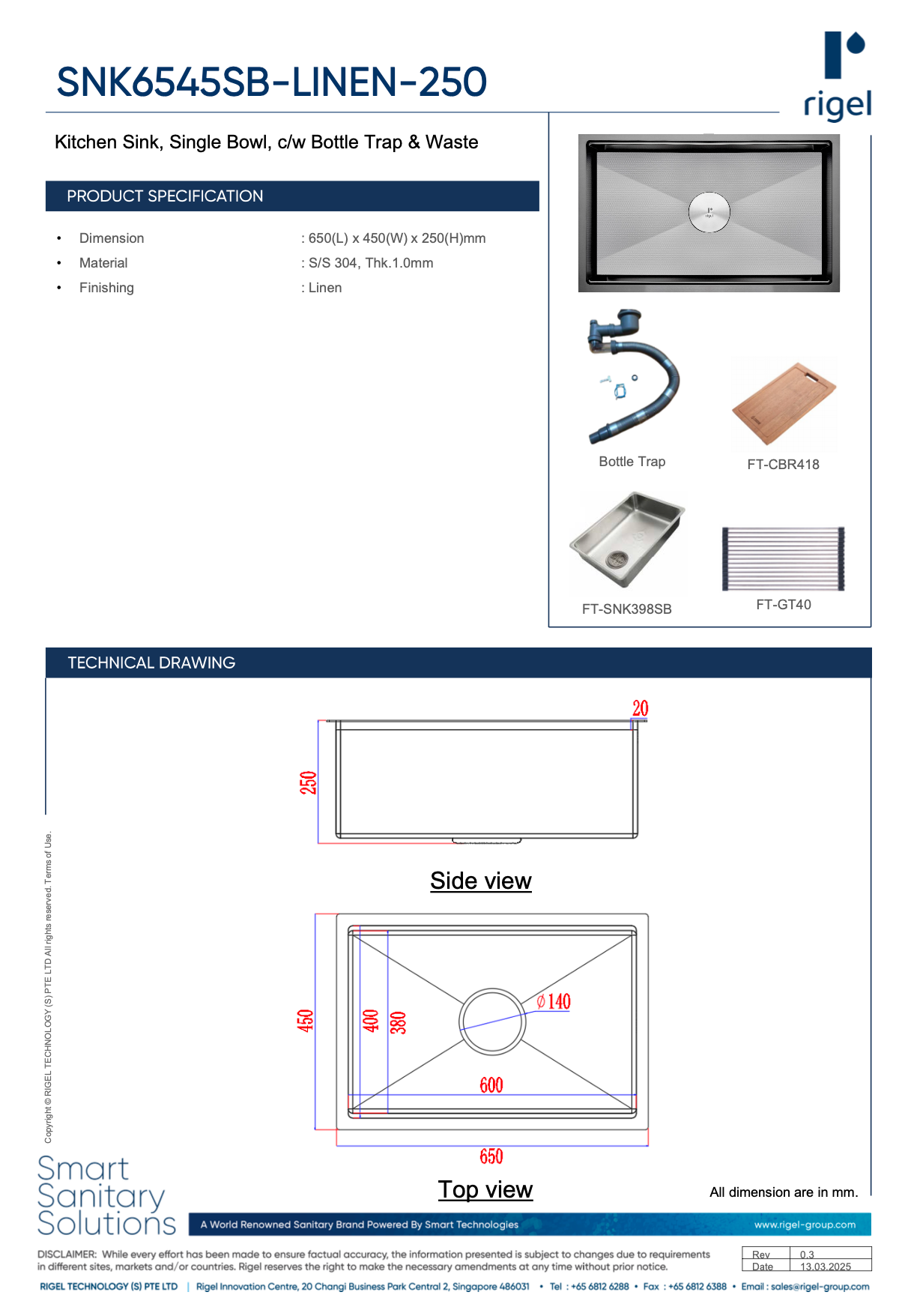Rigel kitchen sink product specification sheet with technical drawings and dimensions.