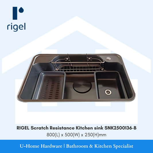 Rigel scratch resistance kitchen sink with specifications on a light blue background