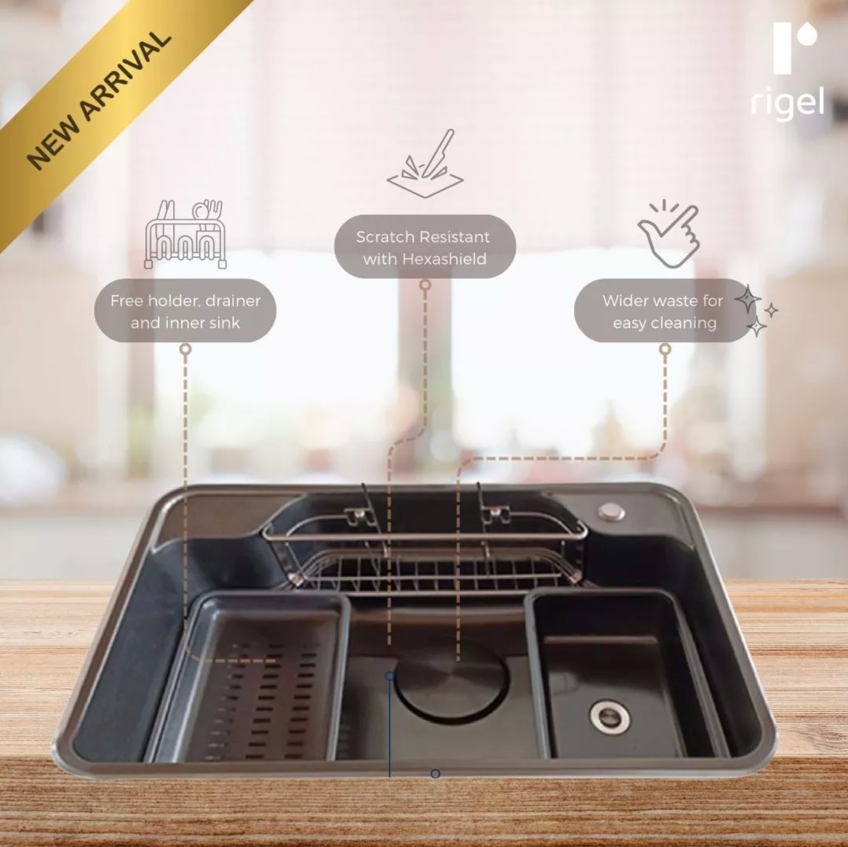 Kitchen sink with features highlighted on a wooden surface, brand 'Rigel' visible.