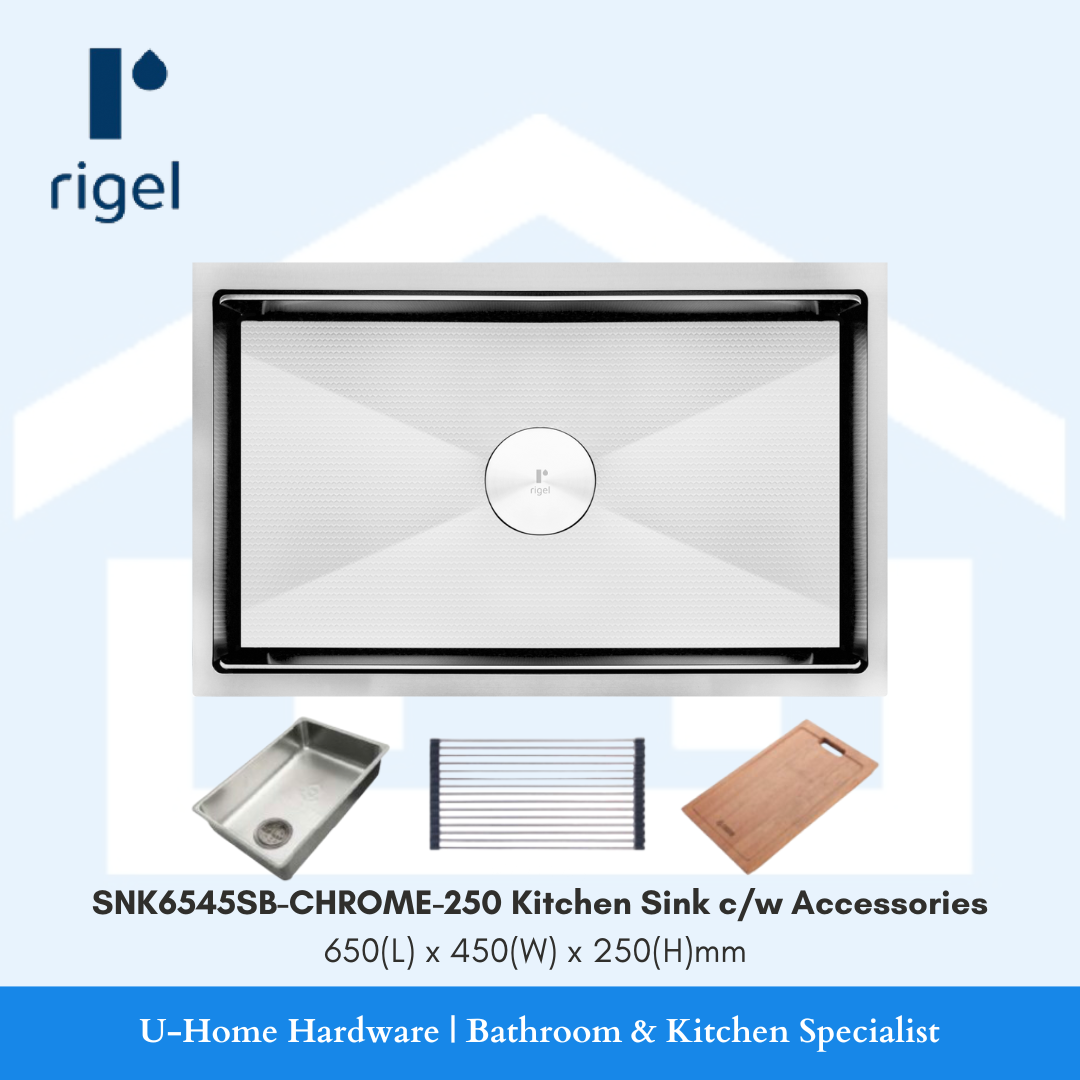 Stainless steel kitchen sink with accessories on a light blue background, featuring the Rigel brand.
