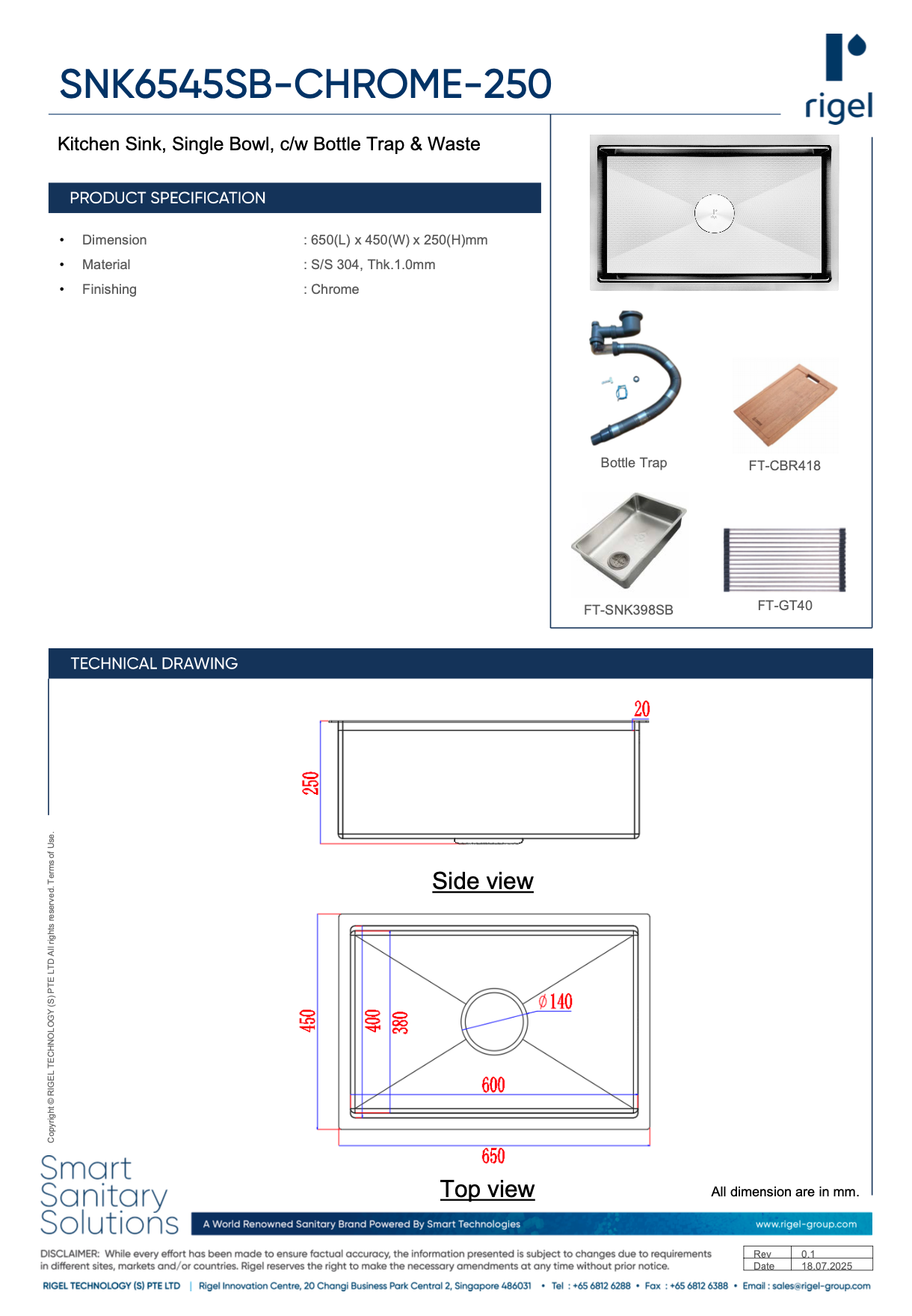 Rigel kitchen sink product specification and technical drawing on a white background