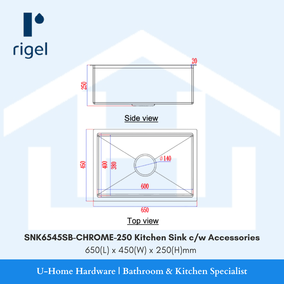 Technical drawing of a kitchen sink with dimensions and Rigel branding on a blue background.