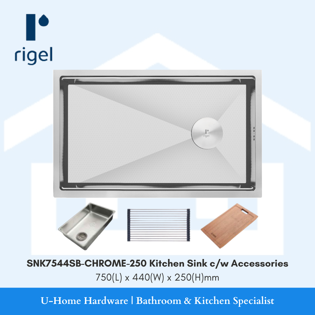 Kitchen sink with accessories on a light blue background, featuring the Rigel brand.