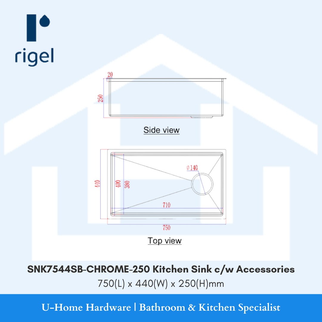 Technical drawing of a kitchen sink with dimensions and Rigel branding on a light blue background.