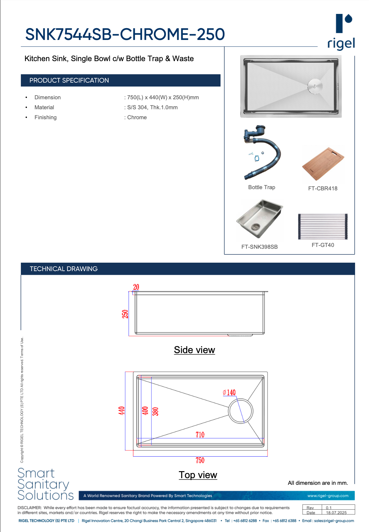 Rigel kitchen sink product specification sheet with technical drawings and dimensions.