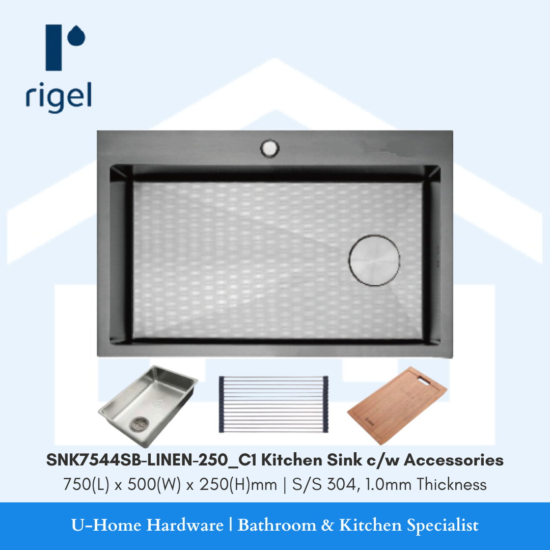 Stainless steel kitchen sink with accessories on a light blue background, featuring the brand 'Rigel'.