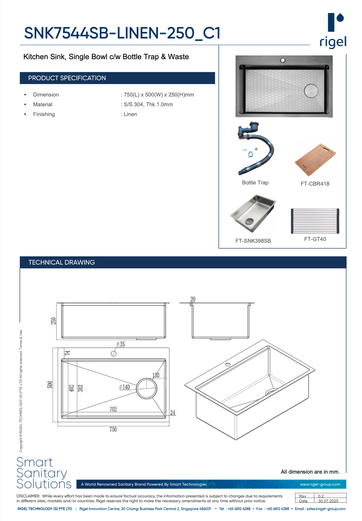 Rigel kitchen sink product specification sheet with technical drawings and dimensions.