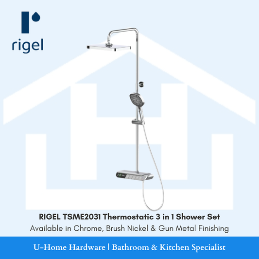 Rigel shower set with hose and handheld shower. 
RIGEL Thermostatic Rain Shower Set W2-R-TSME2031 Chrome / Brushed Nickel / Gun Metal 

rain shower set