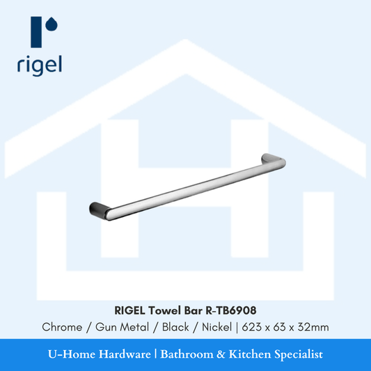 Side angle view of the RIGEL R-TB6908 towel bar in Gunmetal, highlighting the slim 63mm wall projection and the high-quality metallic luster.