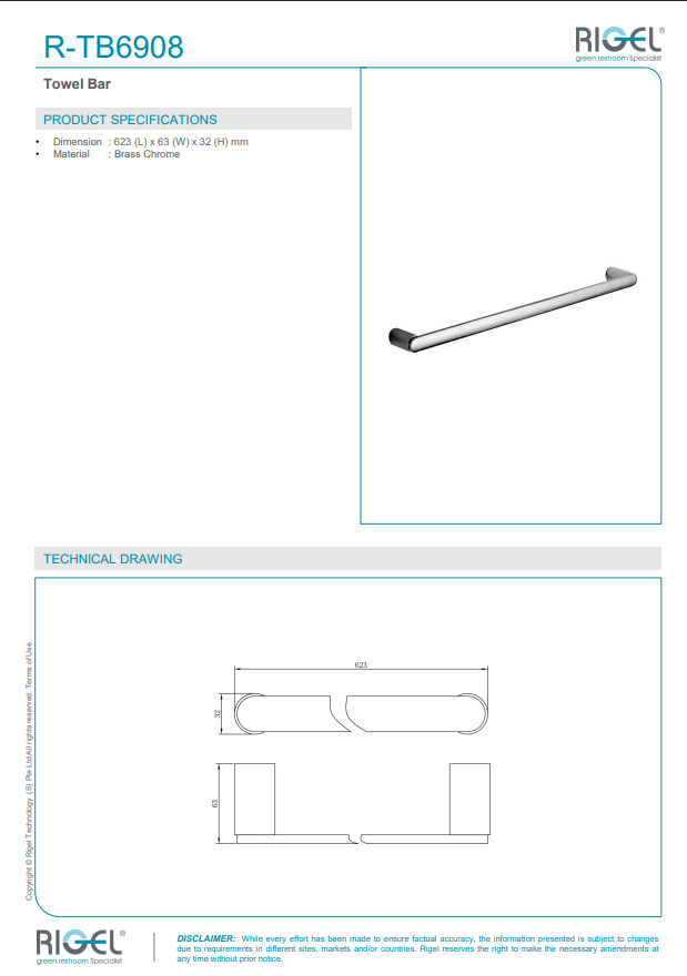 RIGEL Towel Bar R-TB6908 product measurement, technical drawings and product specifications.