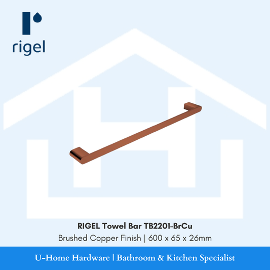 Side angle view of the RIGEL TB2201-BrCu towel bar, highlighting the slim wall projection and the sophisticated brushed texture of the copper plating.