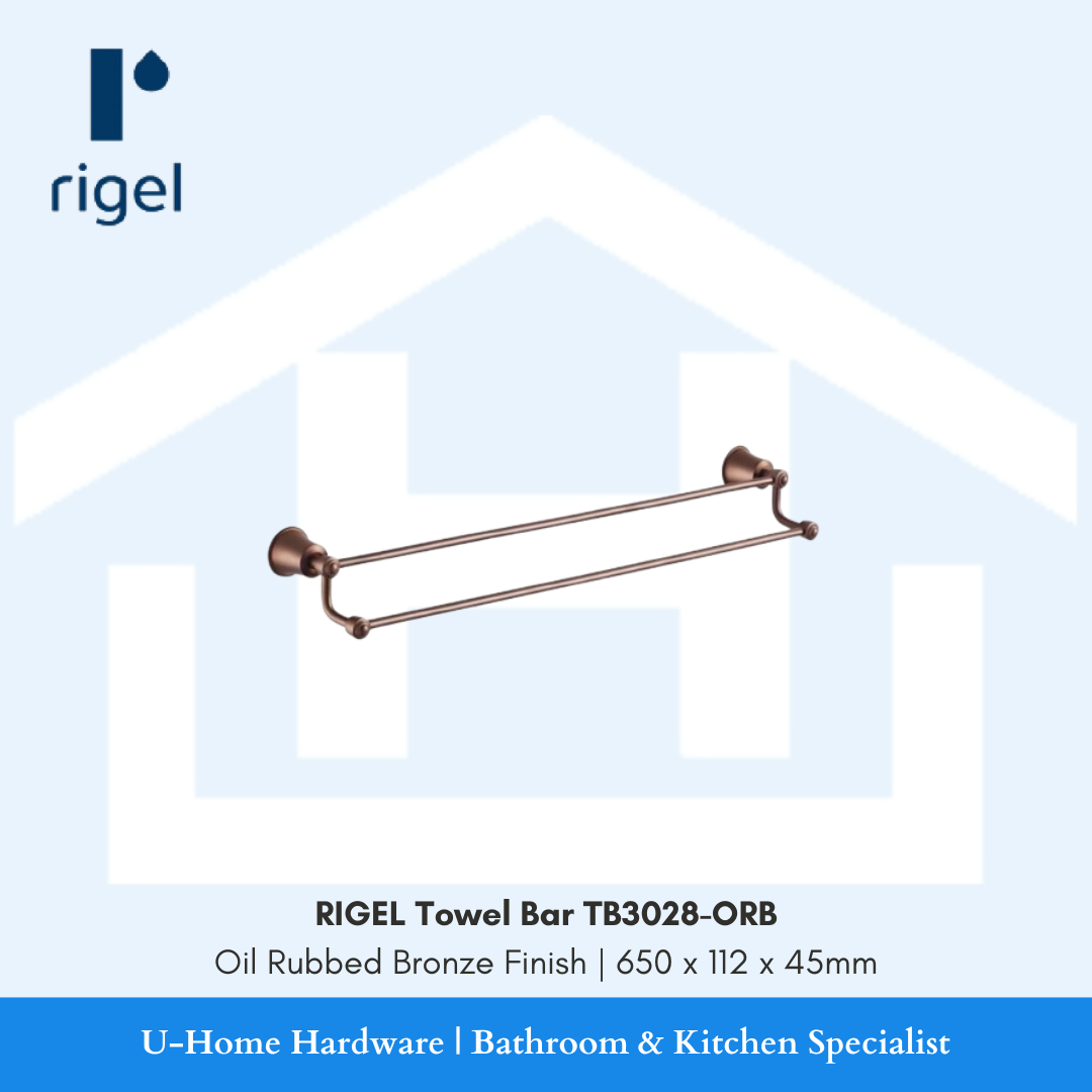 Side angle view of the RIGEL TB3028-ORB towel bar, highlighting the 112mm wall projection and the classic architectural mounting brackets.