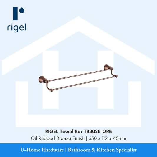 Side angle view of the RIGEL TB3028-ORB towel bar, highlighting the 112mm wall projection and the classic architectural mounting brackets.