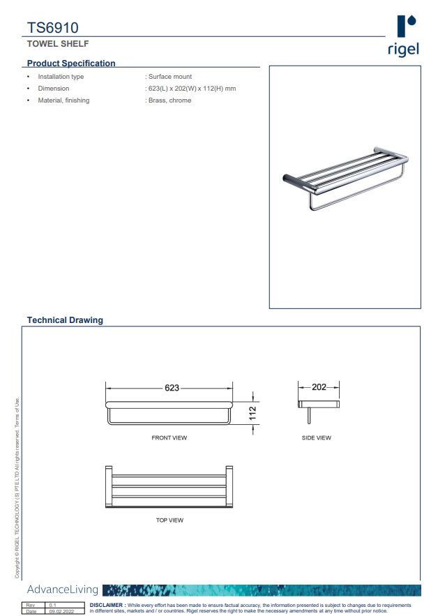 RIGEL Towel Rack R-TS6910 product features, product specifications and technical drawings.