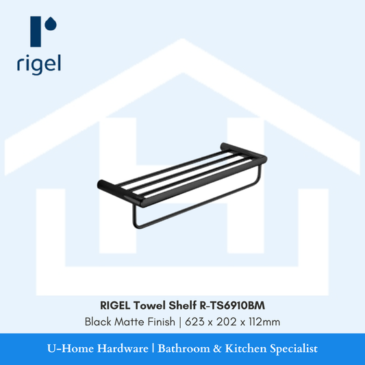 Side angle view of the RIGEL TS6910BM, demonstrating the multi-bar top shelf design and the seamless black finish.