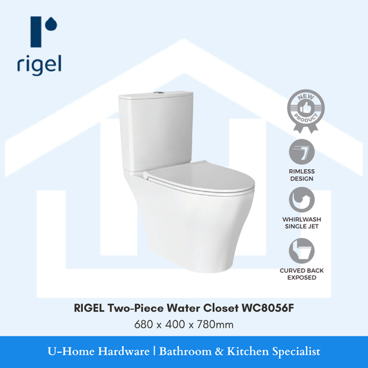 A side-angle view of the RIGEL WC8056F water closet, highlighting the clean lines of the two-piece assembly and the high-quality glazed ceramic finish