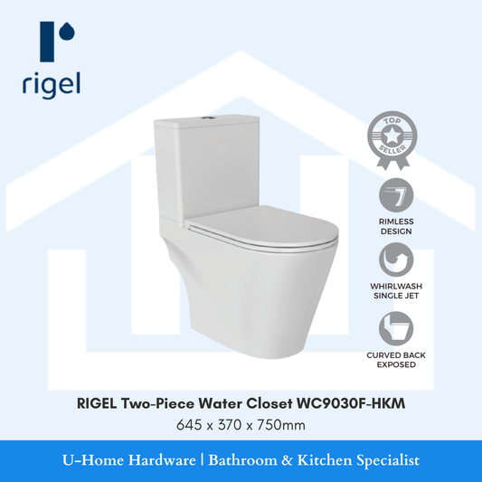 Side-angle view of the RIGEL WC9030F-HKM toilet, highlighting the elegant vertical lines of the high-back cistern and its sophisticated two-piece design