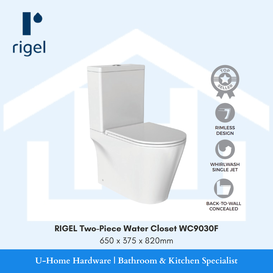 Side-angle view of the RIGEL WC9030F toilet bowl, highlighting the streamlined cistern design and the professional build quality of this two-piece model