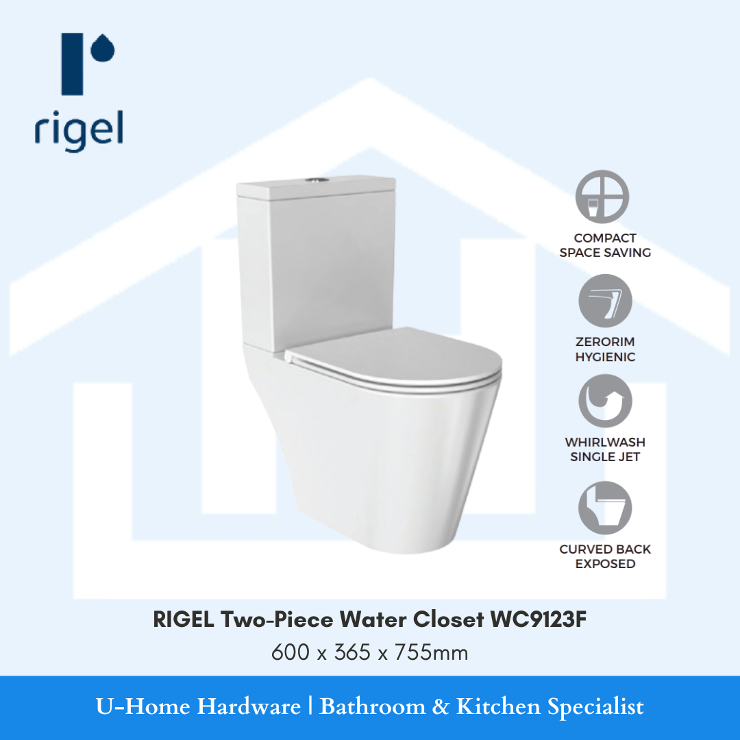 Side-angle view of the RIGEL WC9123F two-piece toilet, highlighting the streamlined cistern and the space-efficient footprint of this premium model.