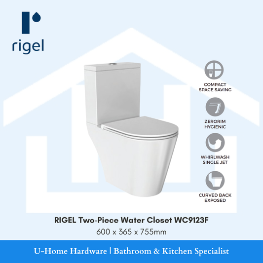 Side-angle view of the RIGEL WC9123F two-piece toilet, highlighting the streamlined cistern and the space-efficient footprint of this premium model.