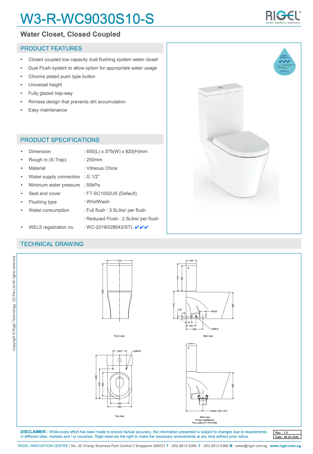 RIGEL W3-R-WC9030S10-S Water Closet. Close Coupled toilet bowl specs