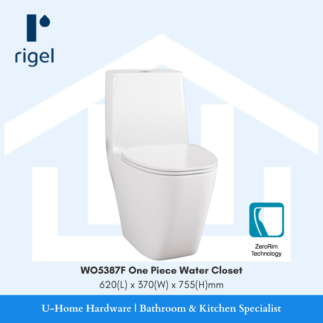 WO5387F Modern Bathroom One-Piece Toilet with Dual Flush System 6L/3L | Space-Saving Water Closet with ZeroRim Technology for Easy Cleaning | Universal Height Vitreous China Toilet 620x370x755mm | Water Efficient Chrome Push Button Bathroom Fixture | Wall-Mounted Compact Design with Fully Glazed Trapway | Contemporary White Toilet with G1/2 Inlet Connection