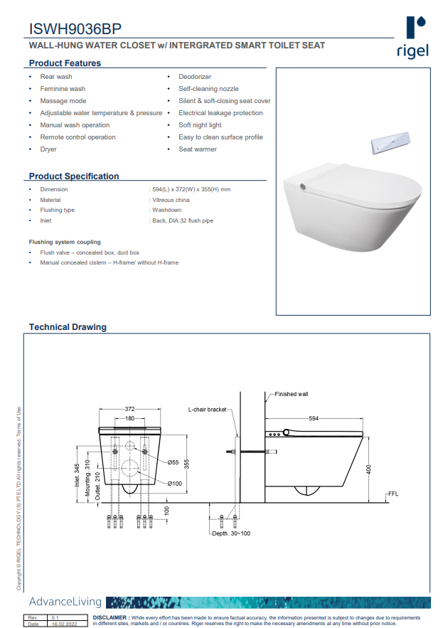 Technical specifications and design drawing of a Rigel wall-hung water closet with integrated smart toilet seat.