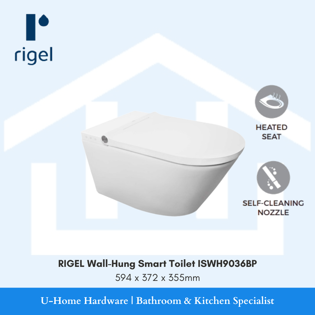 Side-angle view of the RIGEL ISWH9036BP wall-hung toilet, demonstrating its sleek floating design and the integrated night light for late-night convenience