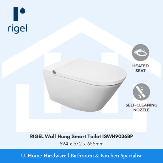Side-angle view of the RIGEL ISWH9036BP wall-hung toilet, demonstrating its sleek floating design and the integrated night light for late-night convenience