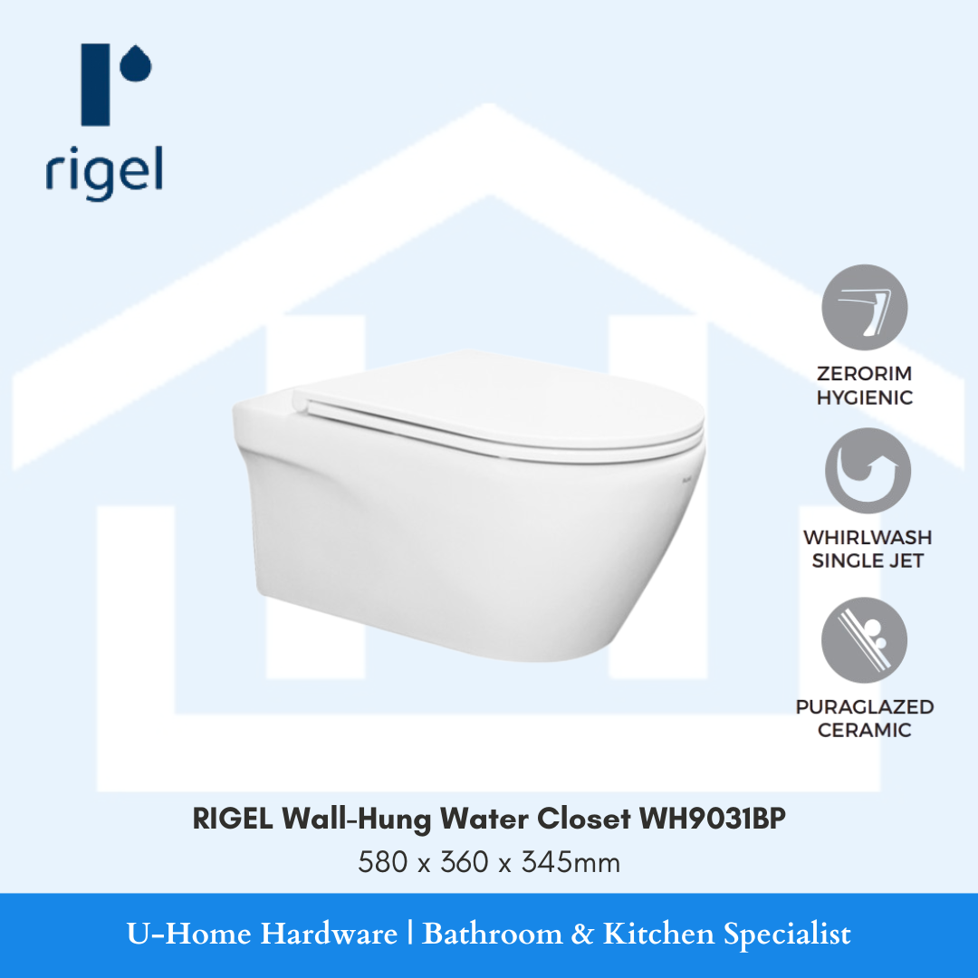 Side-angle view of the RIGEL WH9031BP wall-hung toilet, highlighting the WhirlWash flushing system and the smooth, easy-to-clean vitreous china surface