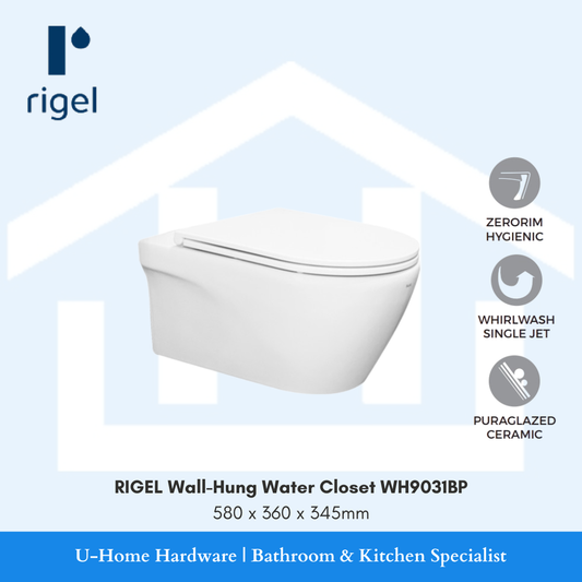 Side-angle view of the RIGEL WH9031BP wall-hung toilet, highlighting the WhirlWash flushing system and the smooth, easy-to-clean vitreous china surface