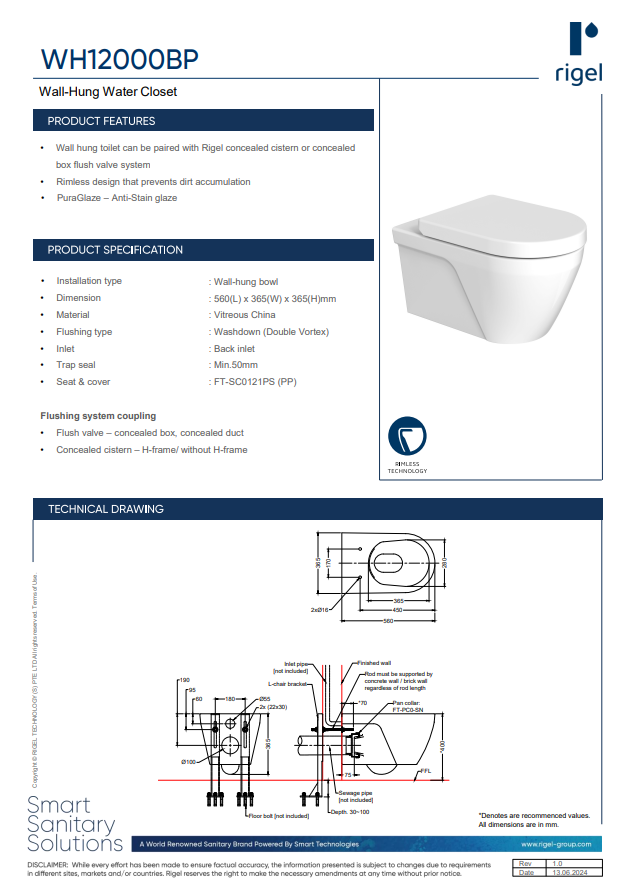 RIGEL Wall-Hung Water Closet WH12000BP
560 x 365 x 365mm product specifications, product descriptions and technical drawings.