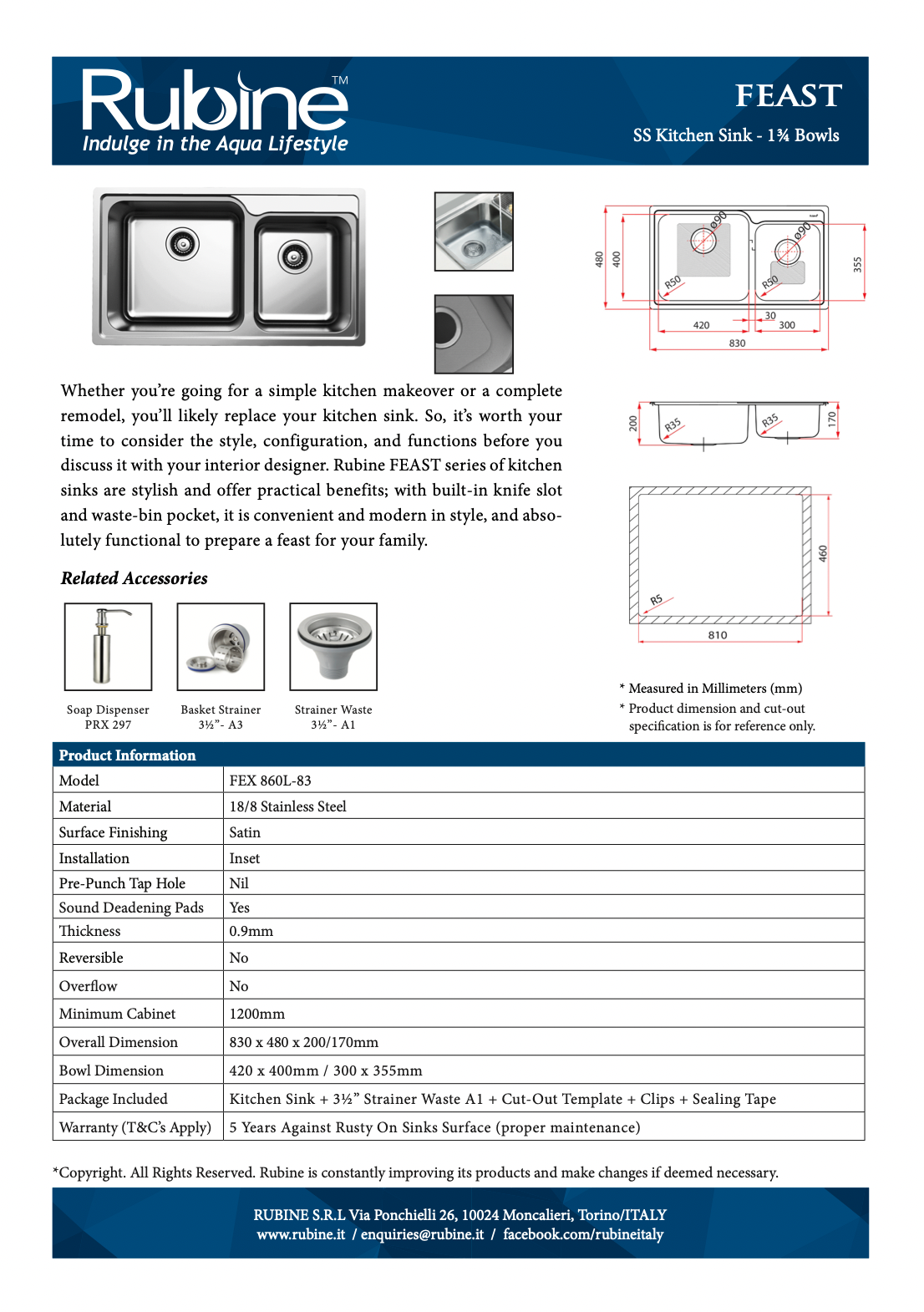 product information of RUBINE FEX 860L-83 Kitchen Sink