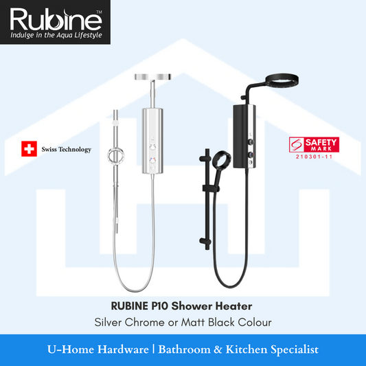RUBINE P10 Shower Heater in Silver Chrome or Matt Black Colour, with safety certification.