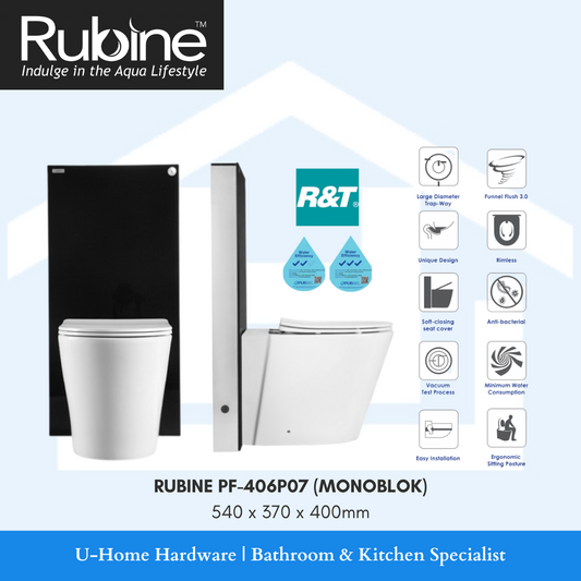 white Rubine back-to-wall floor pan toilet bowl, with various icons indicating features such as water efficiency, soft close hinges, and eco-friendliness. large diameter trap way funnel fliush 2.0 unique design rimless soft closing seat cover antibacterial vacuum test process minimum water consumption easy installation ergonomic sitting posture