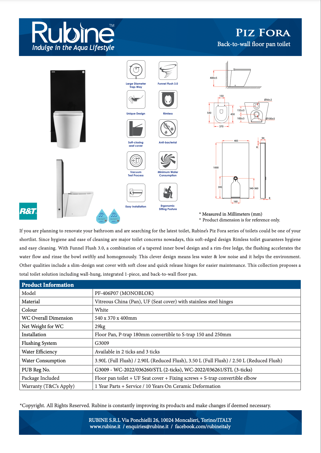 RUBINE PF-406P07 (MONOBLOK) Back-to-Wall Floor Pan Toilet Bowl specifications dimensions