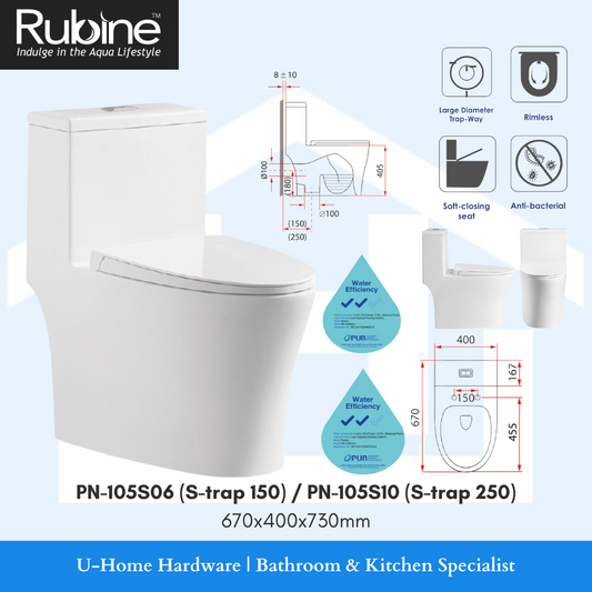 Technical drawing and dimensions of a white ceramic rimless one-piece toilet bowl. Large diameter trap way. rimless. soft closing seat. anti bacterial