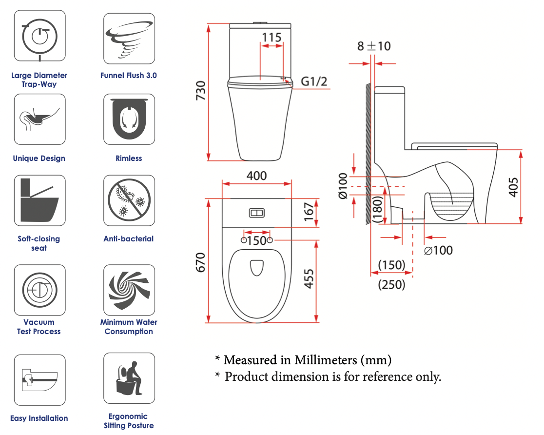 RUBINE PN-105S06 | PN-105S10 Rimless One Piece Toilet Bowl (Available in S Trap 6"/10") specifications dimensions