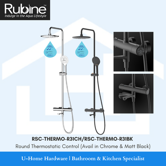 The image shows a round thermostatic control rain shower set by Rubine, available in Chrome and Matt Black colors. It includes multiple views of the shower set, displaying the shower heads, control handle, and pipes.