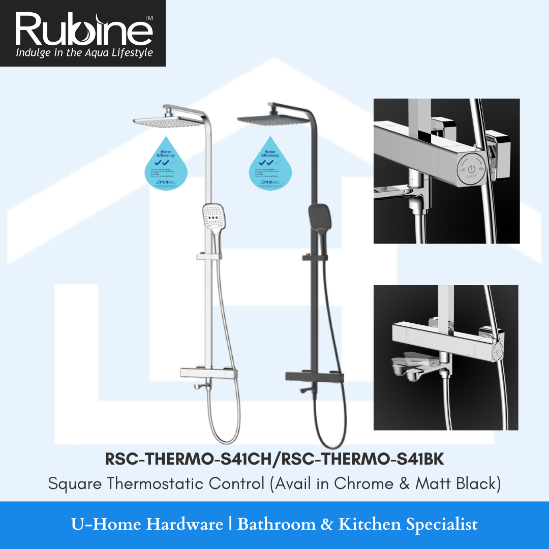 The image shows a square thermostatic control rain shower set with a chrome finish and a matte black option. The shower head is adjustable