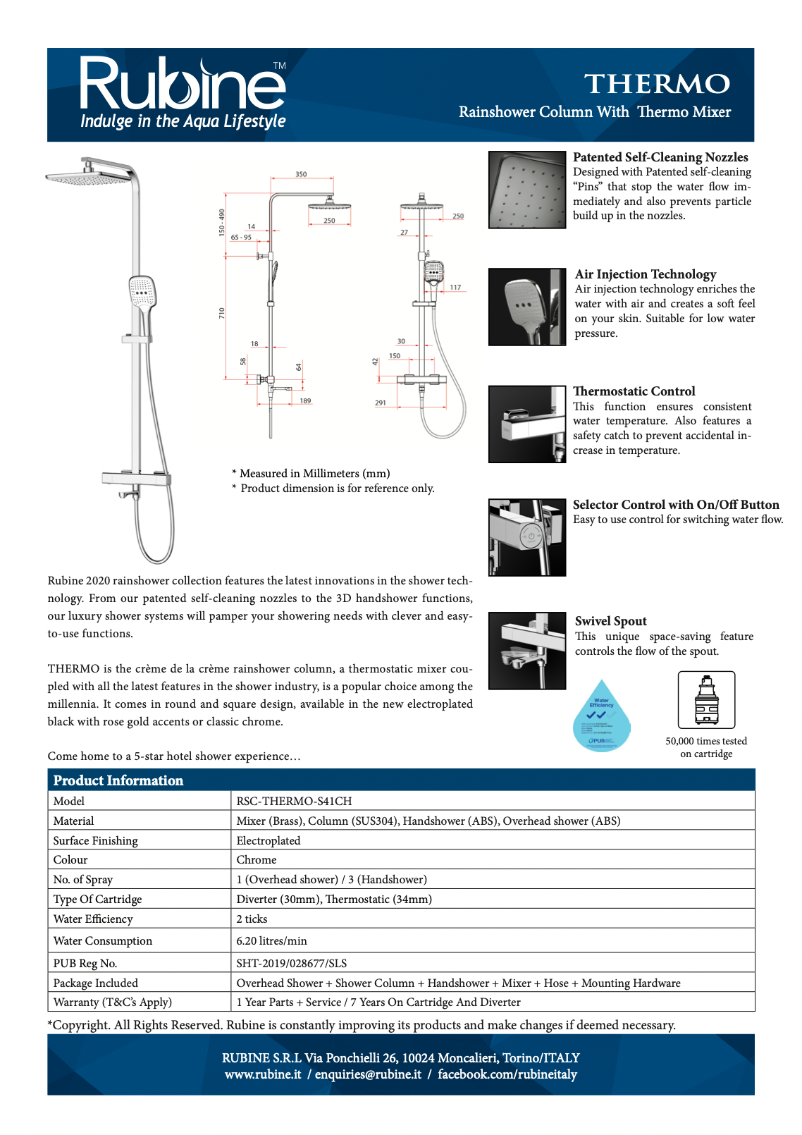 RUBINE RSC-THERMO-S41CH / RSC-THERMO-S41BK Square Thermostatic Control Rain Shower Set specs and dimensions
