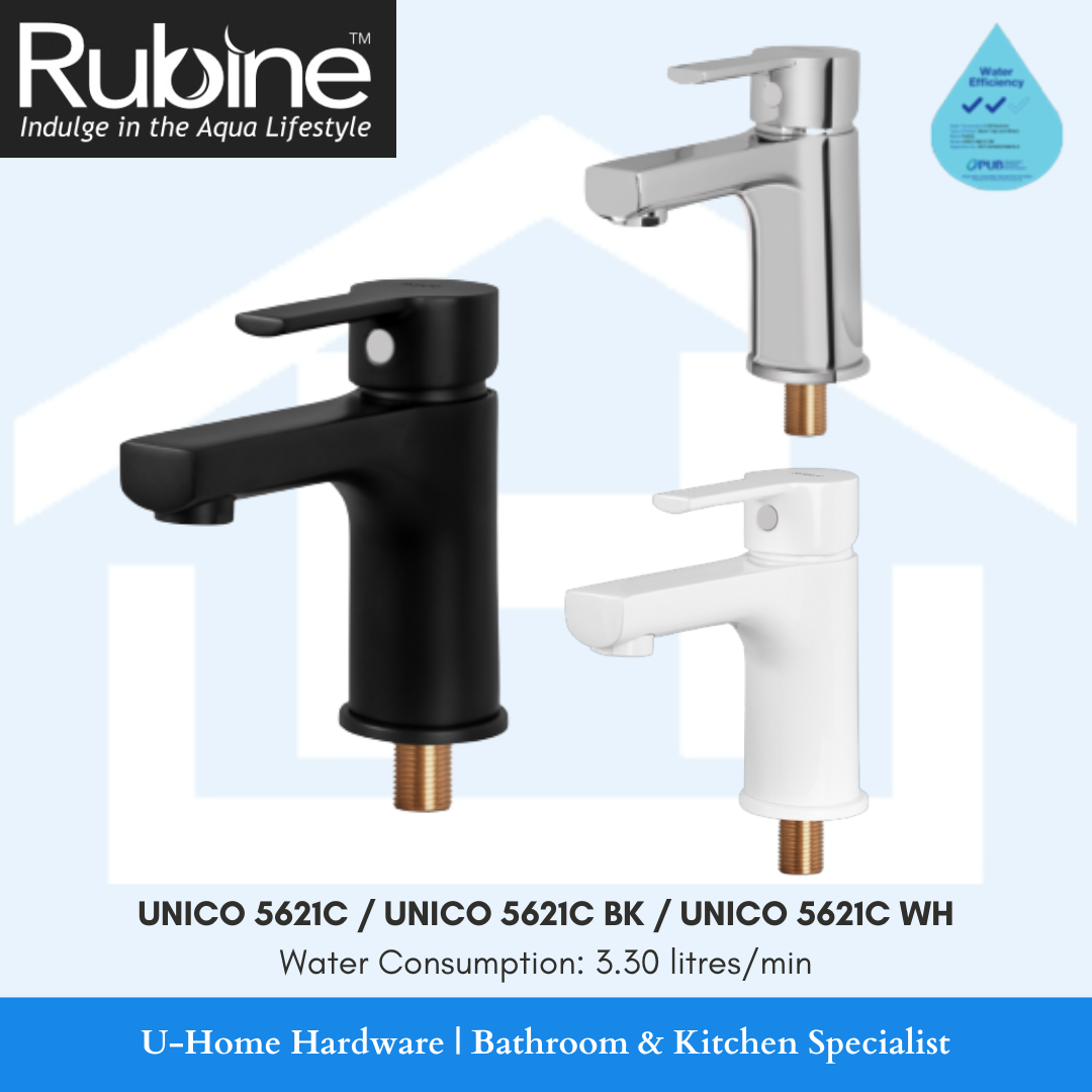 Three basin taps by Rubine, in chrome, matt black, and enamelled white colors, displayed side by side.