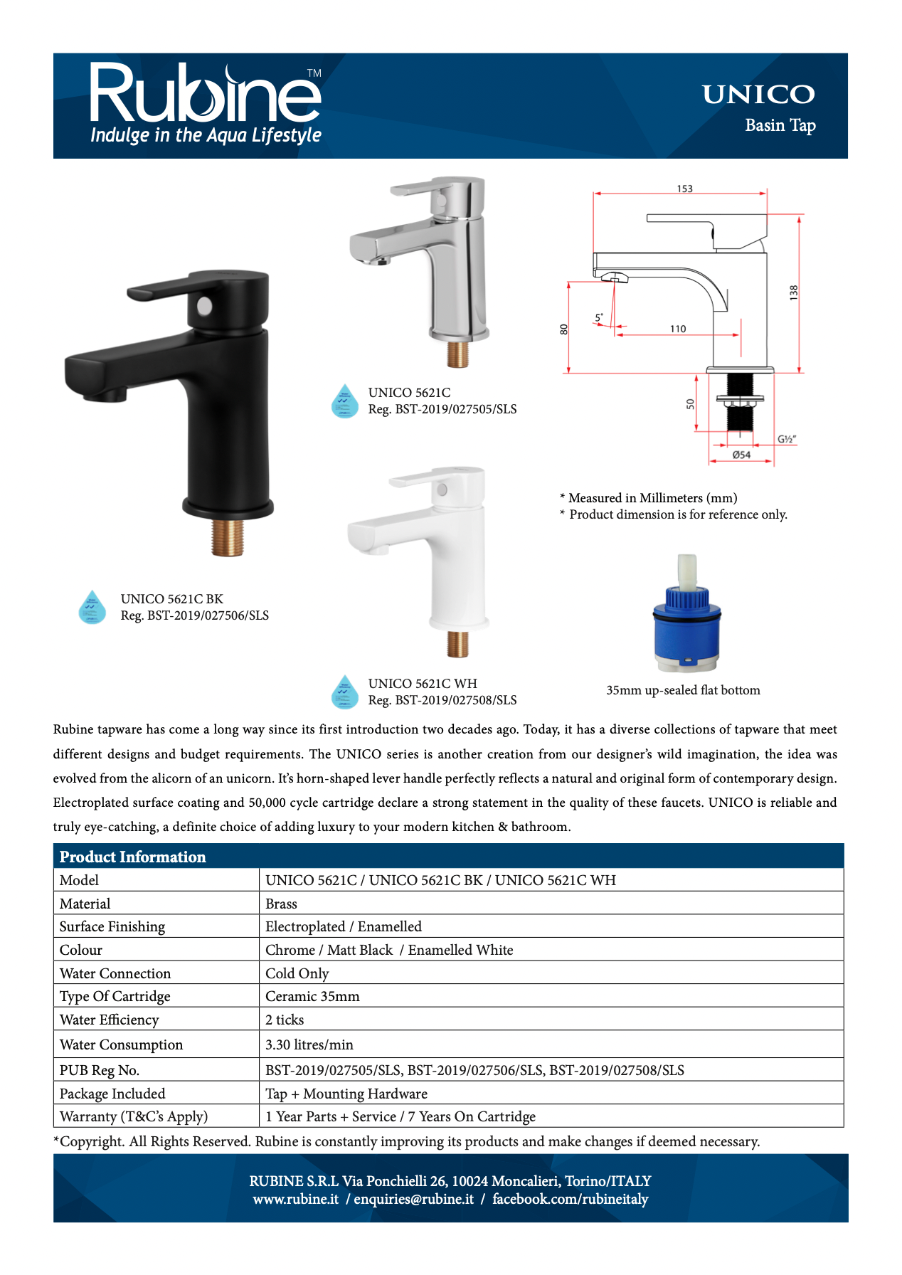RUBINE UNICO 5621C/ 5621C BK/5621 WH Basin Tap (Cold) descriptions measurements specs
